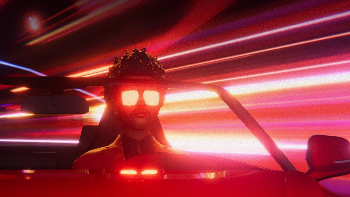 Avatar The Weeknd di dalam sebuah mobil convertible berwarna merah